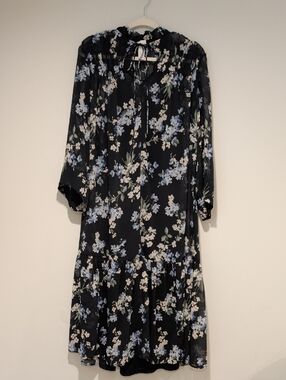 H&M Black Midi Dress with Blue & White Floral Print